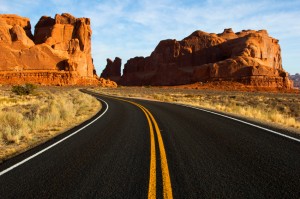 A desert road in Arches National Park, Moab Utah.